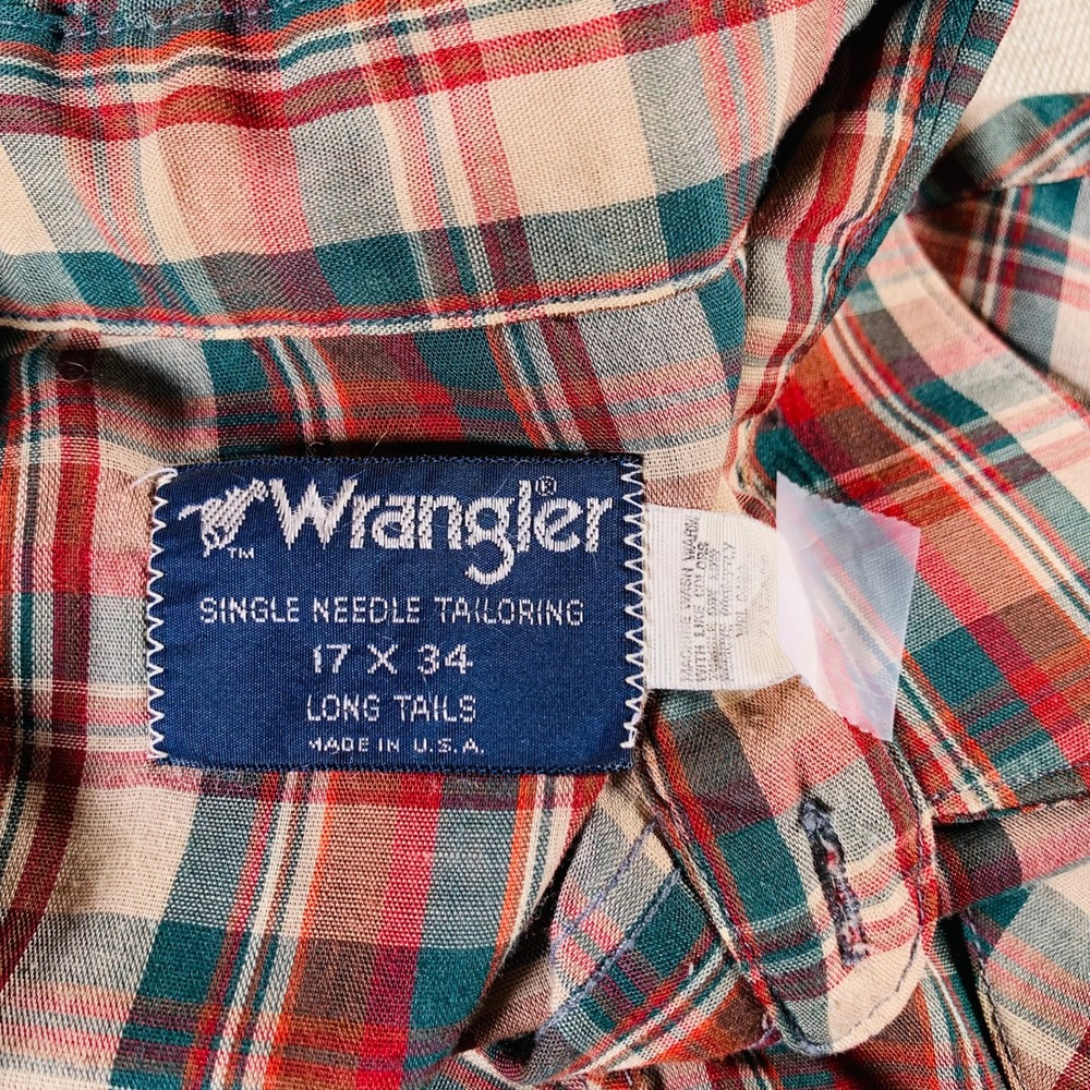 Wrangler Men's Plaid Long‎ Tails Western Black Snap Shirt Red Green - Picture 6 of 9